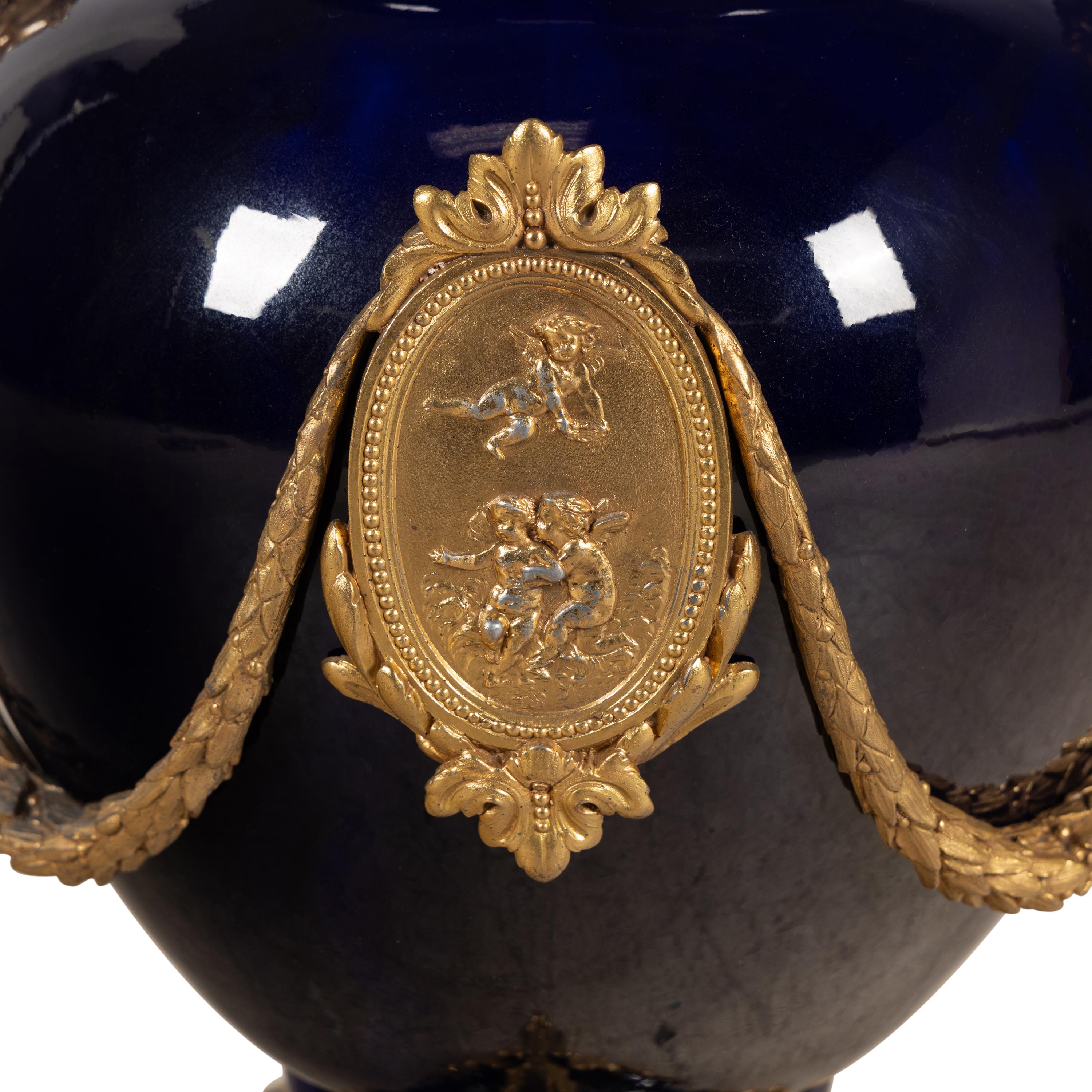 A Large Napoleon III Style Gilt-Bronze Mounted Cobalt-Glazed Porcelain Urn