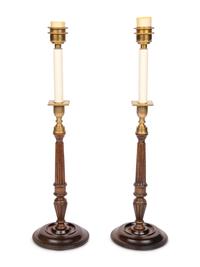 A Pair of Brass Mounted Mahogany Candlesticks
