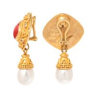 YELLOW GOLD, CORAL, DIAMOND AND CULTURED PEARL CONVERTIBLE EARCLIPS