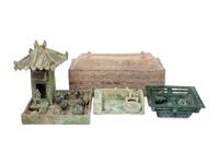 Three Chinese Green-Glazed Pottery Models and A Chinese Pottery Rectangular Cosmetic Box