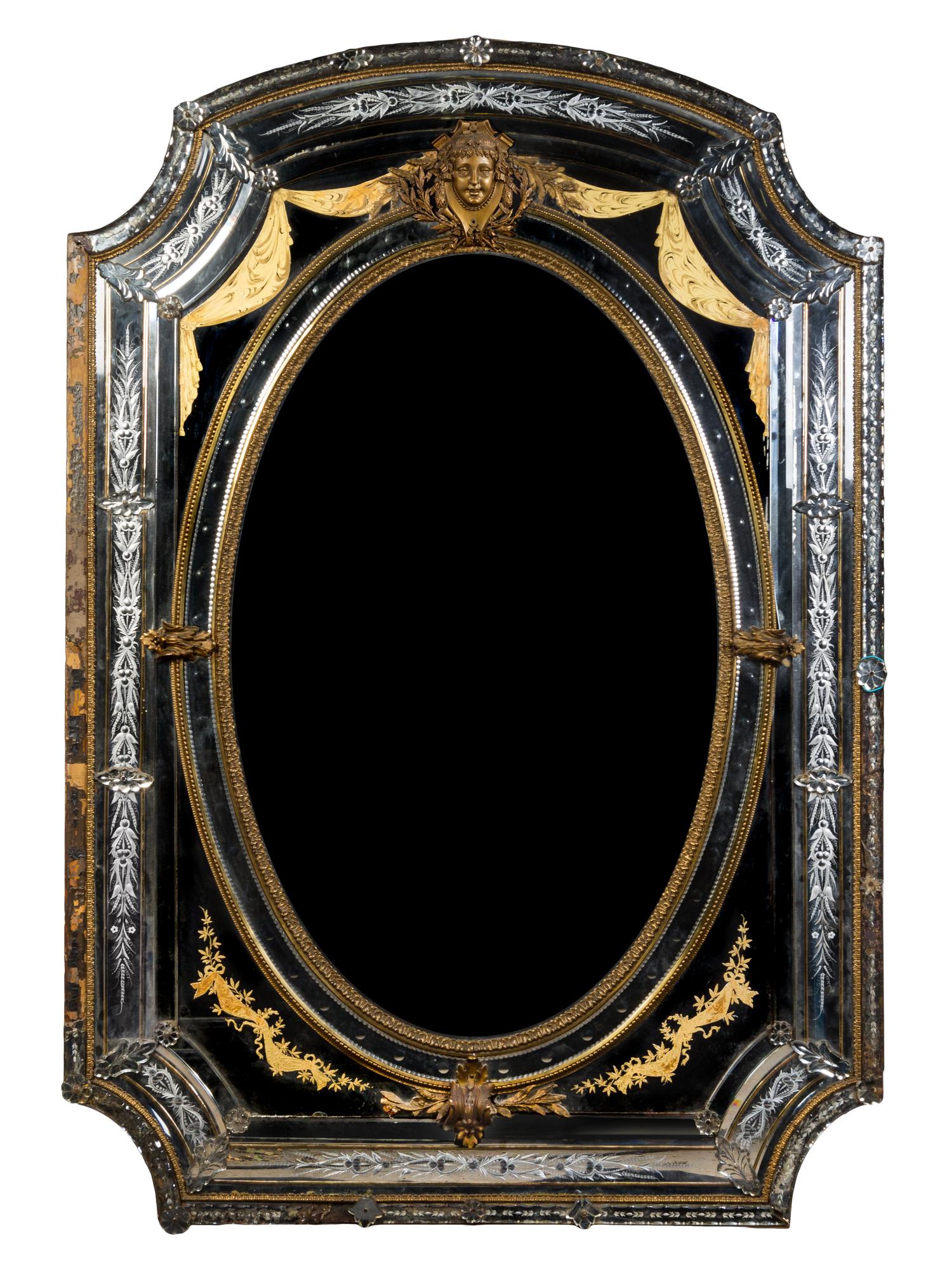 A Large Gilt Bronze Mounted Venetian Glass Mirror Height 84 x width 56 1/2 inches. — LATE 19TH/EARLY 20TH CENTURY