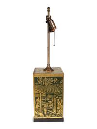 A Chinoiserie Decorated Tin Canister Mounted as a Lamp