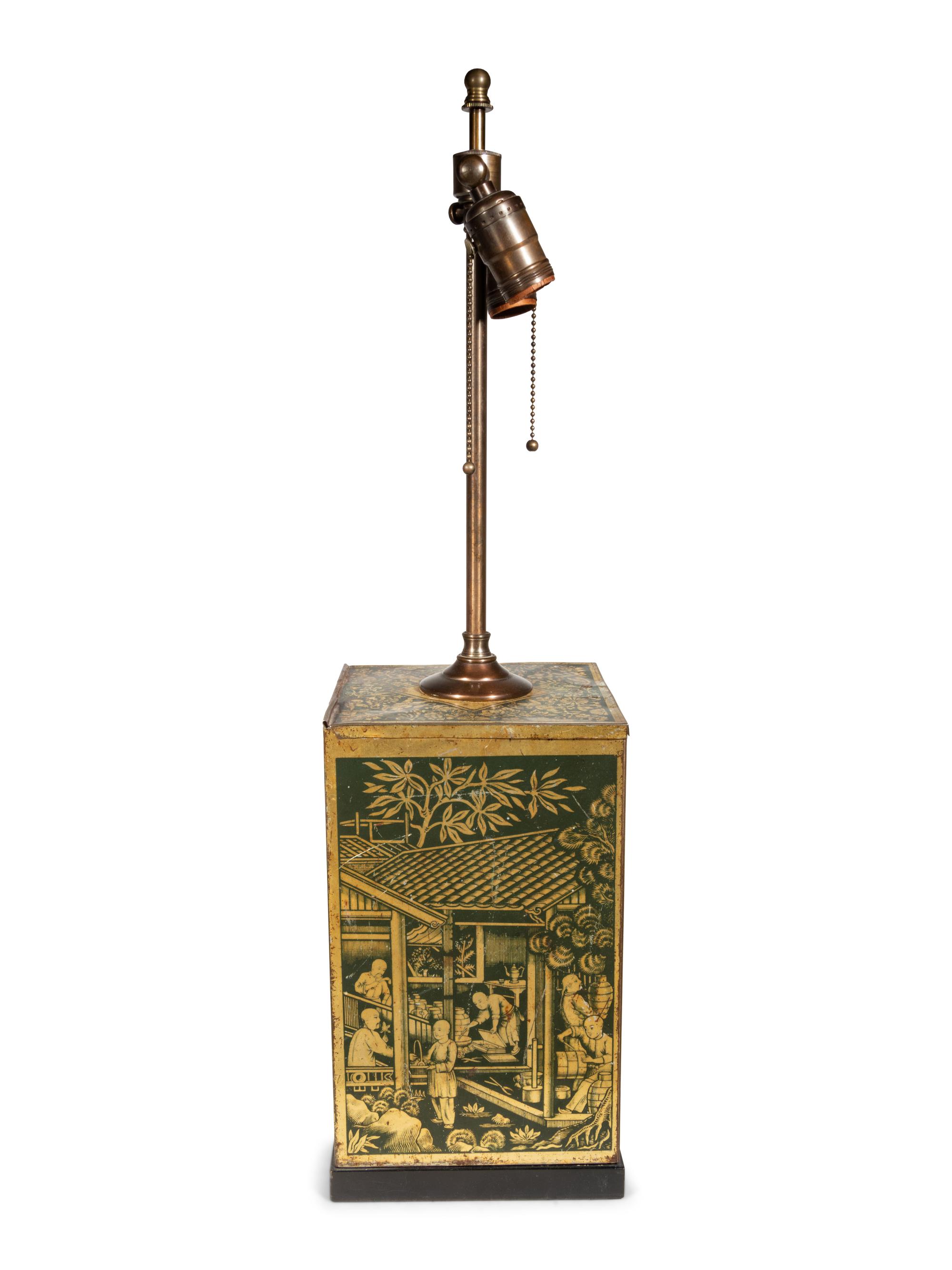 A Chinoiserie Decorated Tin Canister Mounted as a Lamp