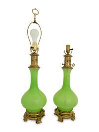 A Pair of Green Opaline Glass Base Table Lamps — 20TH CENTURY
