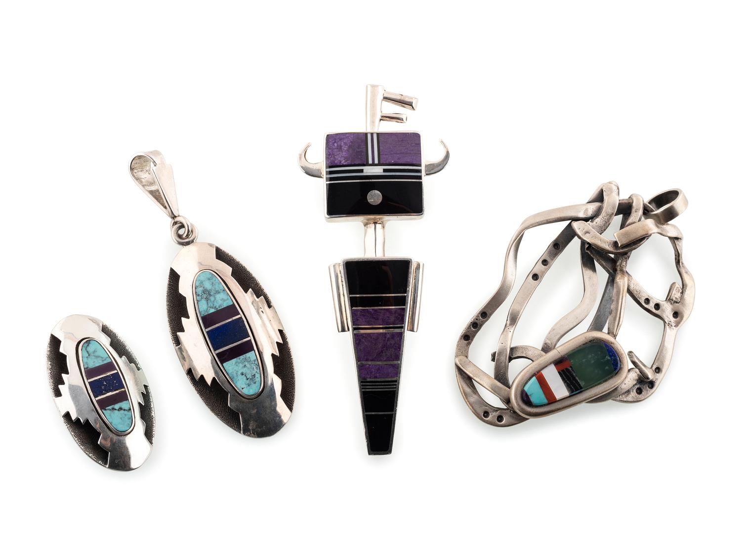 Navajo and Apache Sterling Silver Pendants and Pins, with Mosaic Inlay