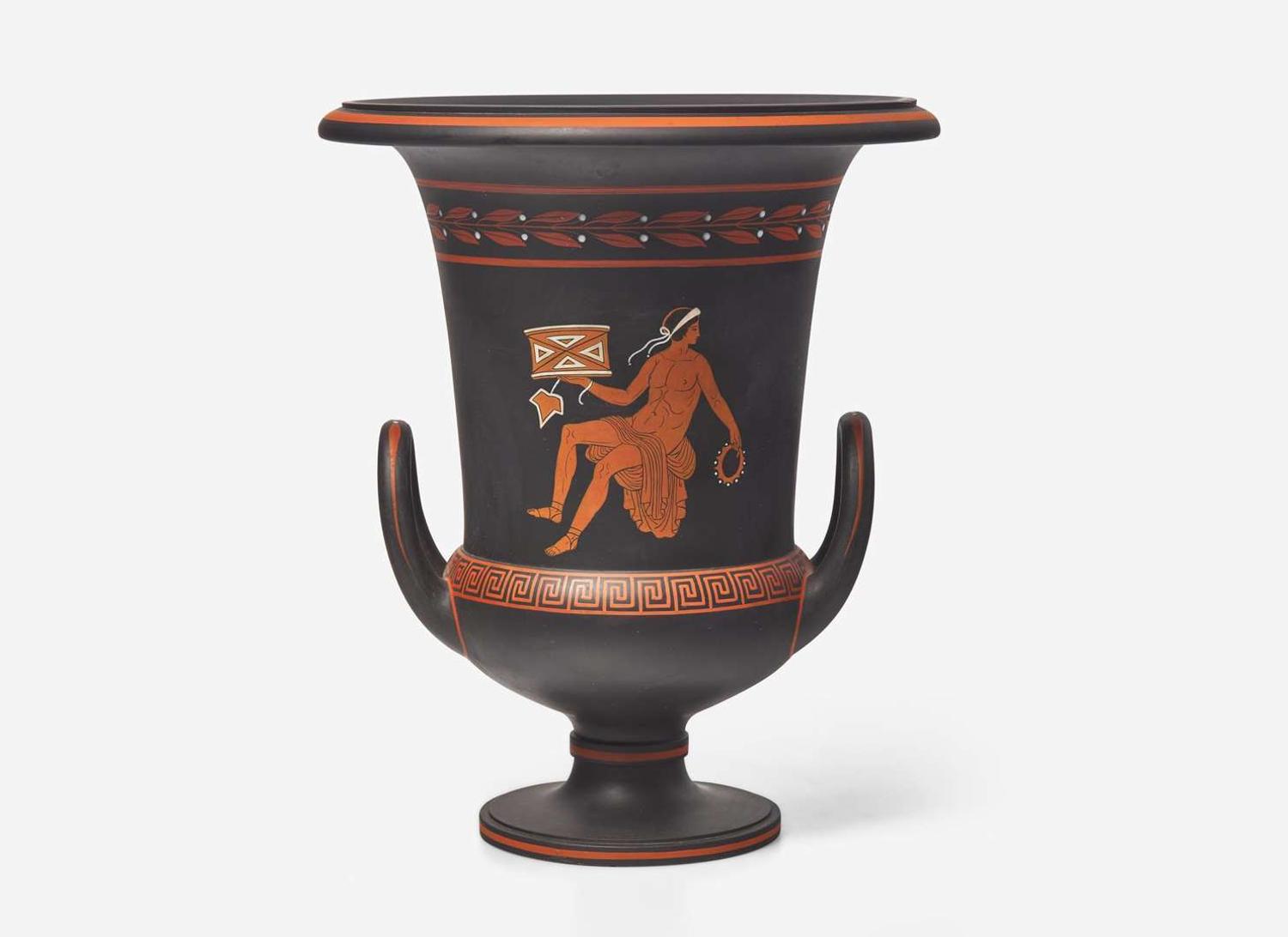 A Wedgwood Encaustic Decorated Black Basalt Handled Vase, UK, circa 1800