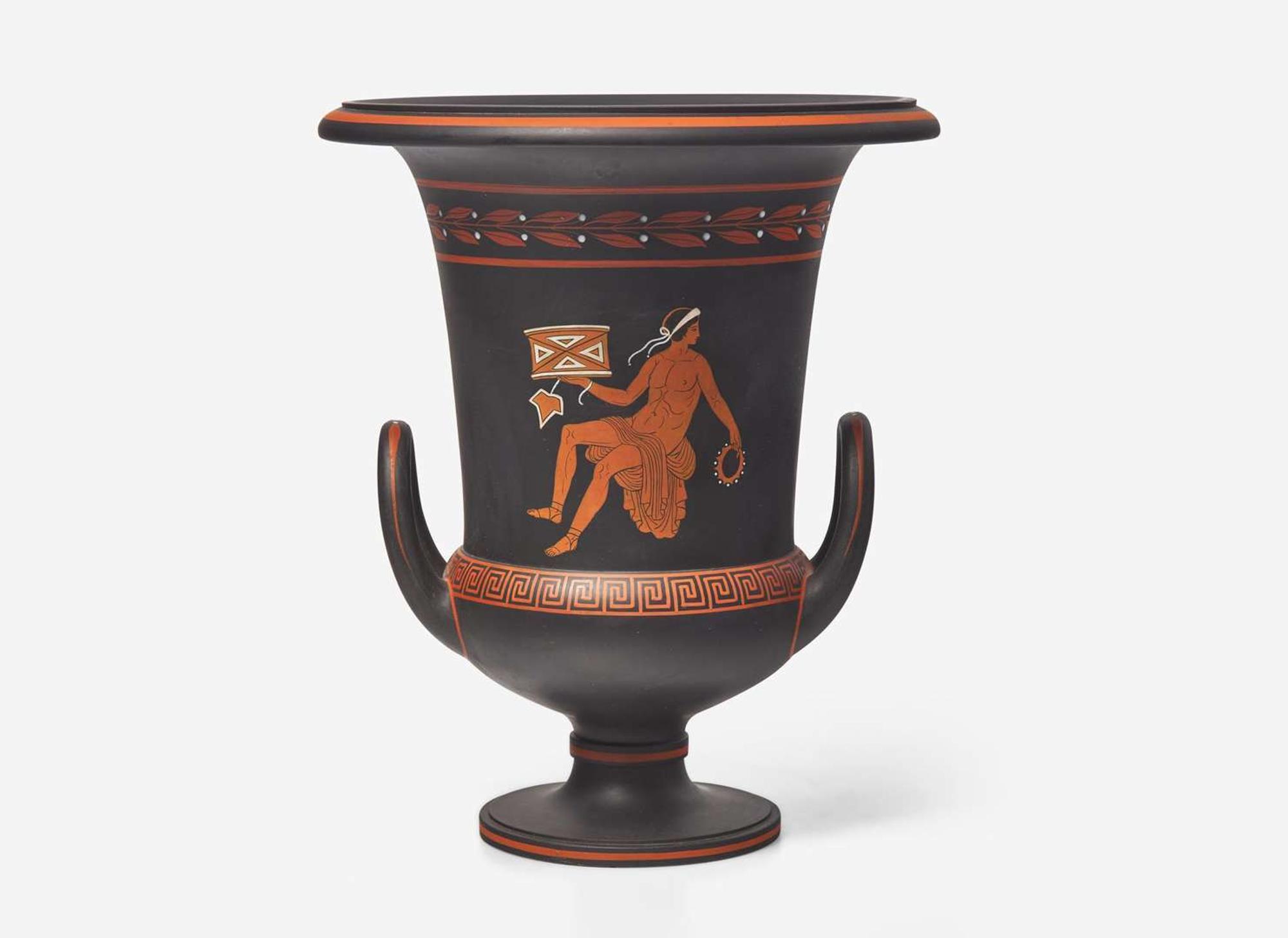 A Wedgwood Encaustic Decorated Black Basalt Handled Vase, UK, circa 1800