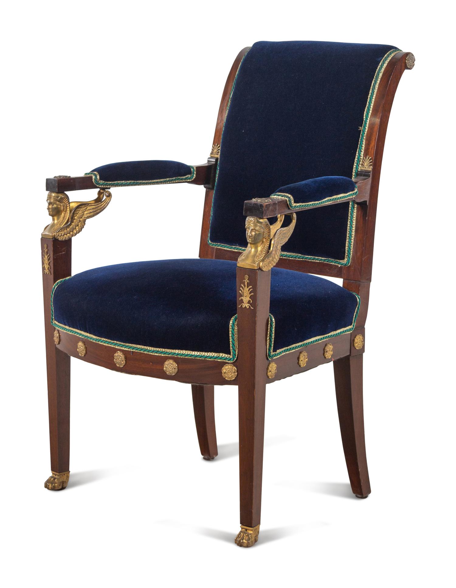 An Empire Style Gilt Bronze Mounted Velvet-Upholstered Mahogany Fauteuil