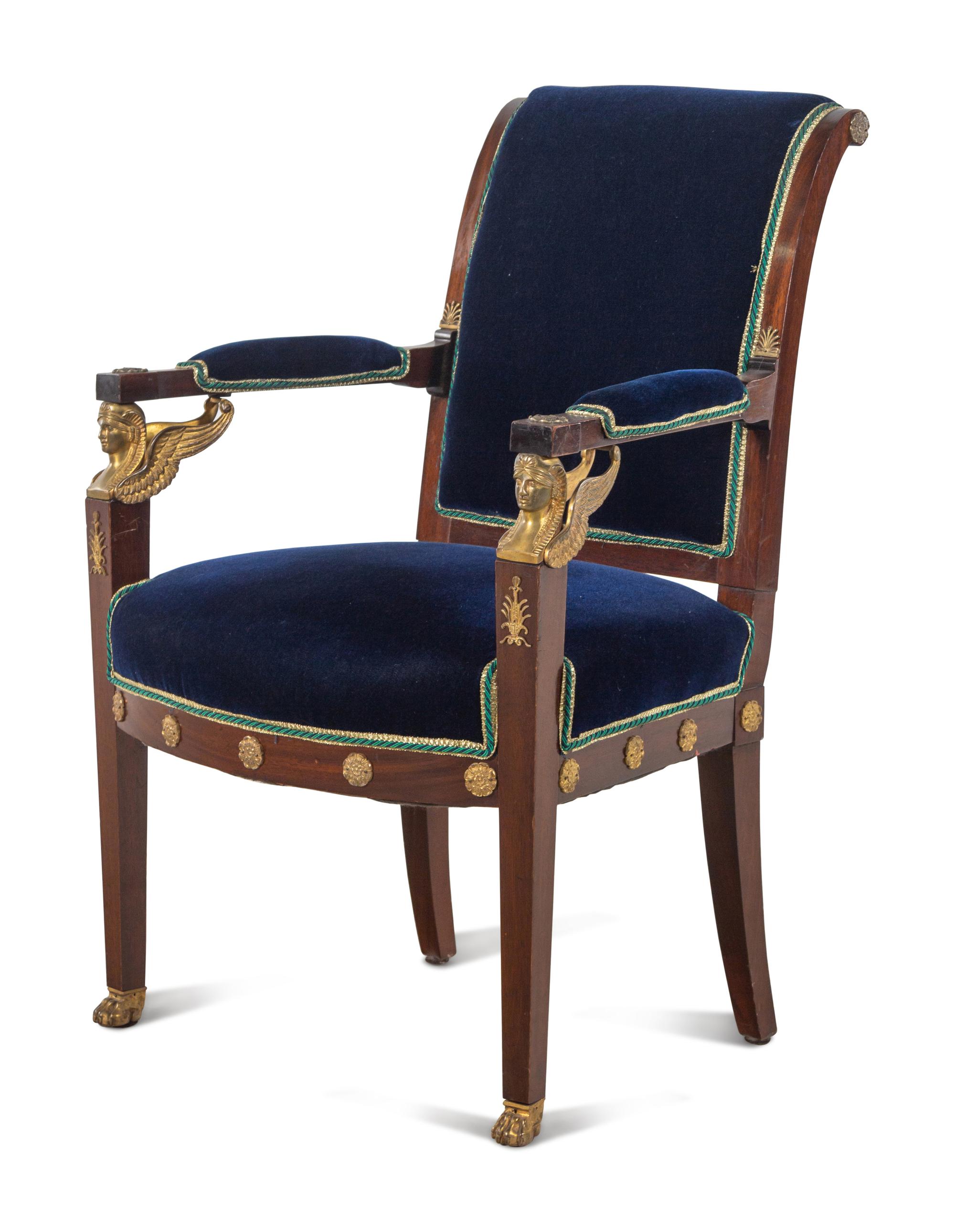 An Empire Style Gilt Bronze Mounted Velvet-Upholstered Mahogany Fauteuil