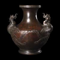 A Large Japanese Patinated Bronze 'Phoenix' Vase, Meiji/ Taisho Period 日本明治/大正 古銅雙鳳尊