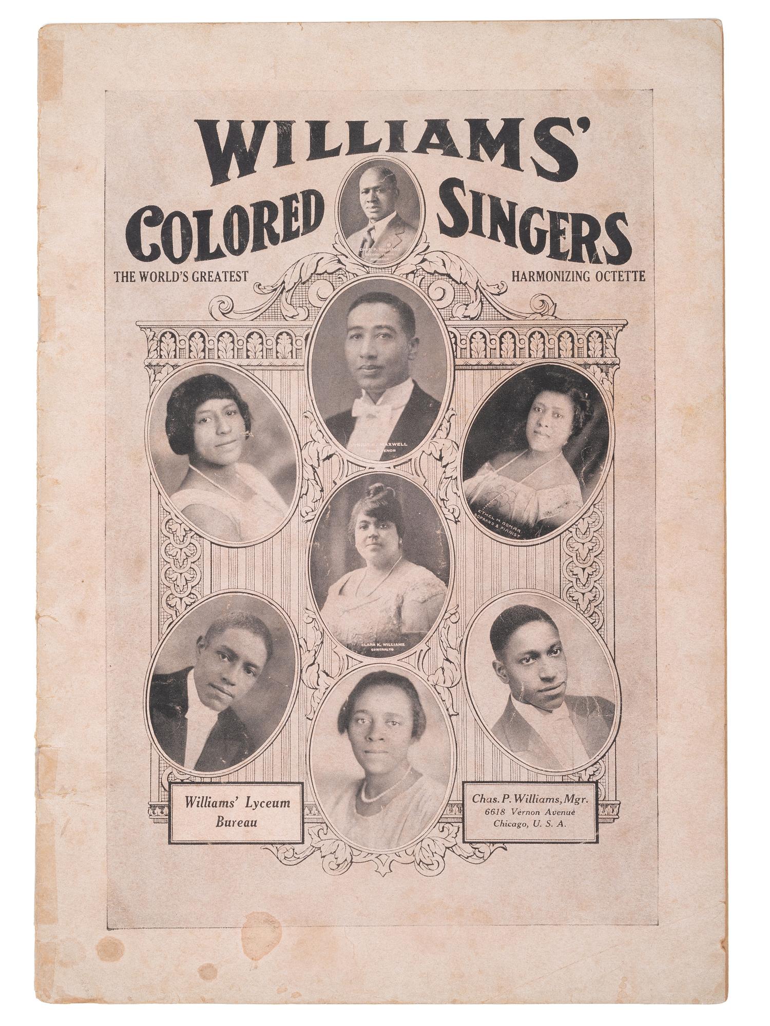 [MUSIC]. A group of 6 items associated with African American singers and music, highlighted by a Williams' Colored Singers collection of scored music with lyrics.
