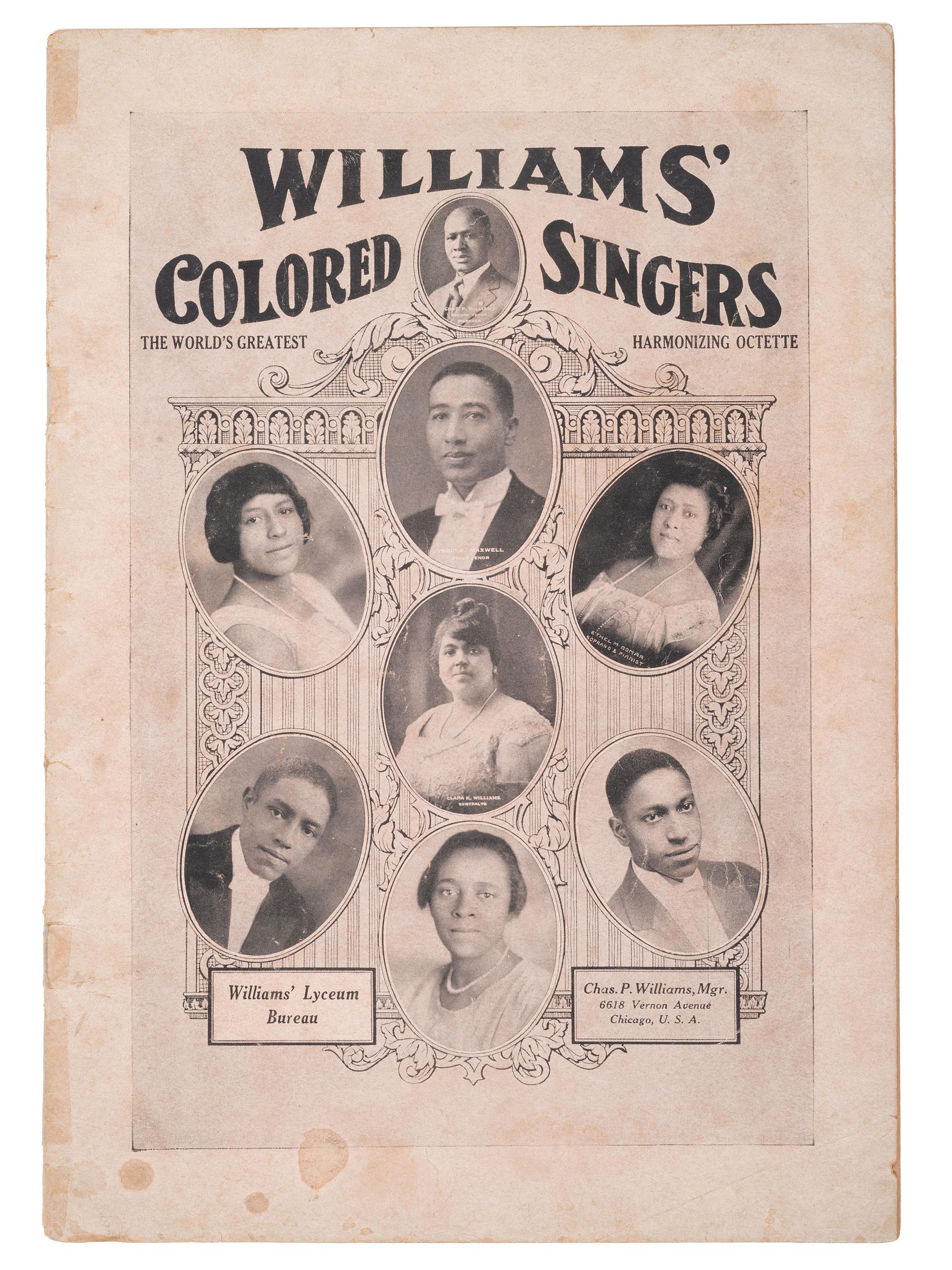 [MUSIC]. A group of 6 items associated with African American singers and music, highlighted by a Williams' Colored Singers collection of scored music with lyrics.