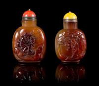 Two Carved Agate Snuff Bottles Height of larger 3 1/4 inches.