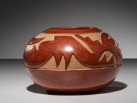Carved Redware Pottery Jar, with Avanyu