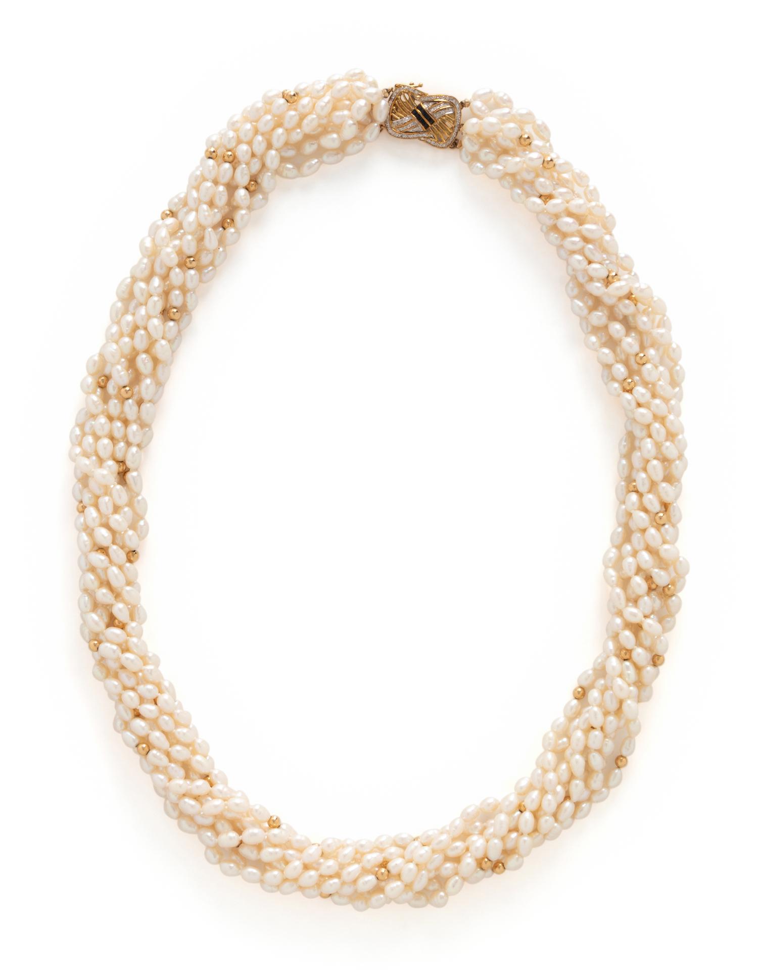 YELLOW GOLD AND CULTURED PEARL TORSADE NECKLACE