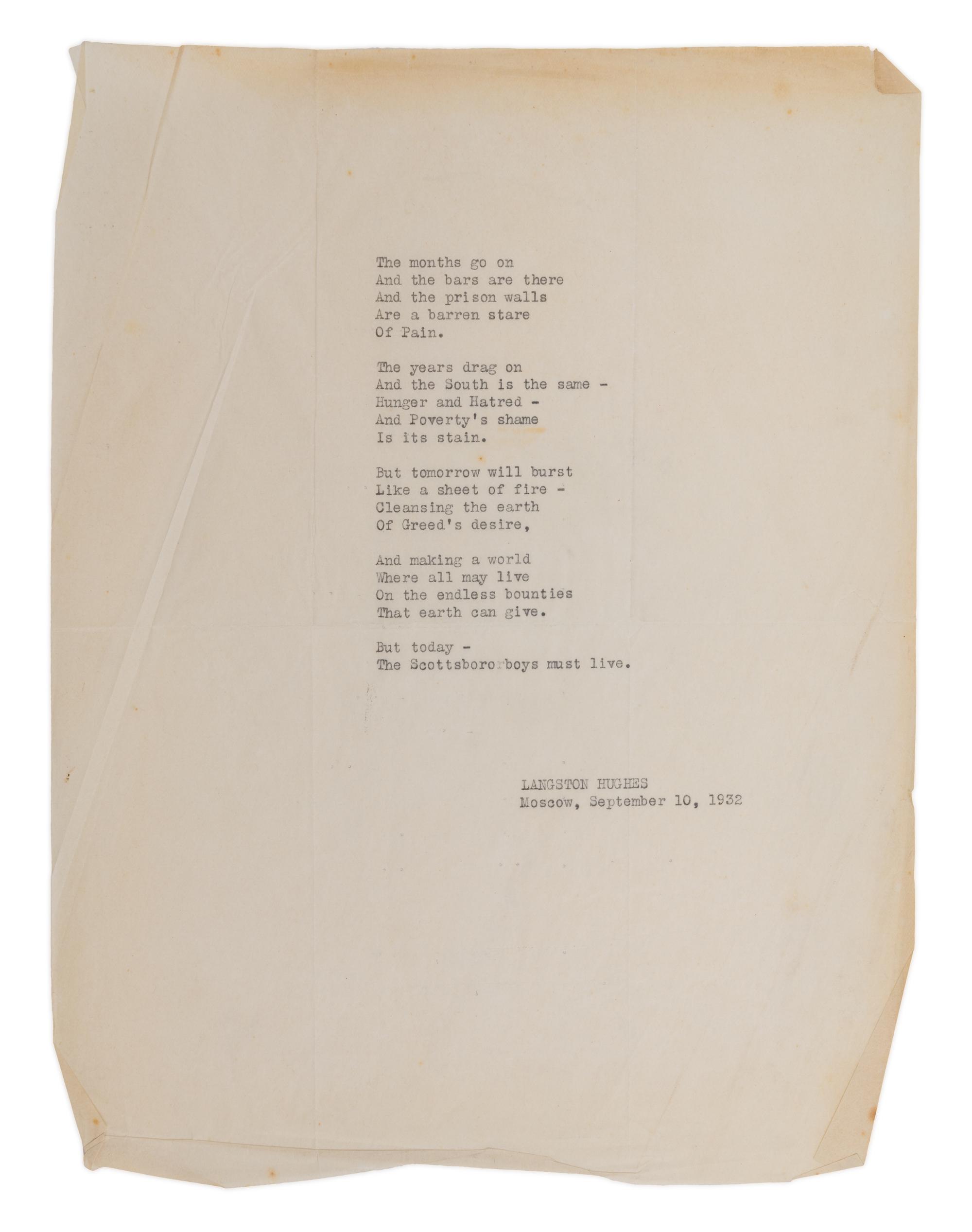 HUGHES, Langston (1901-1967). Carbon copy typescript, signed in type ("Langston Hughes"). An apparently unpublished poem. Moscow, 10 September 1932.
