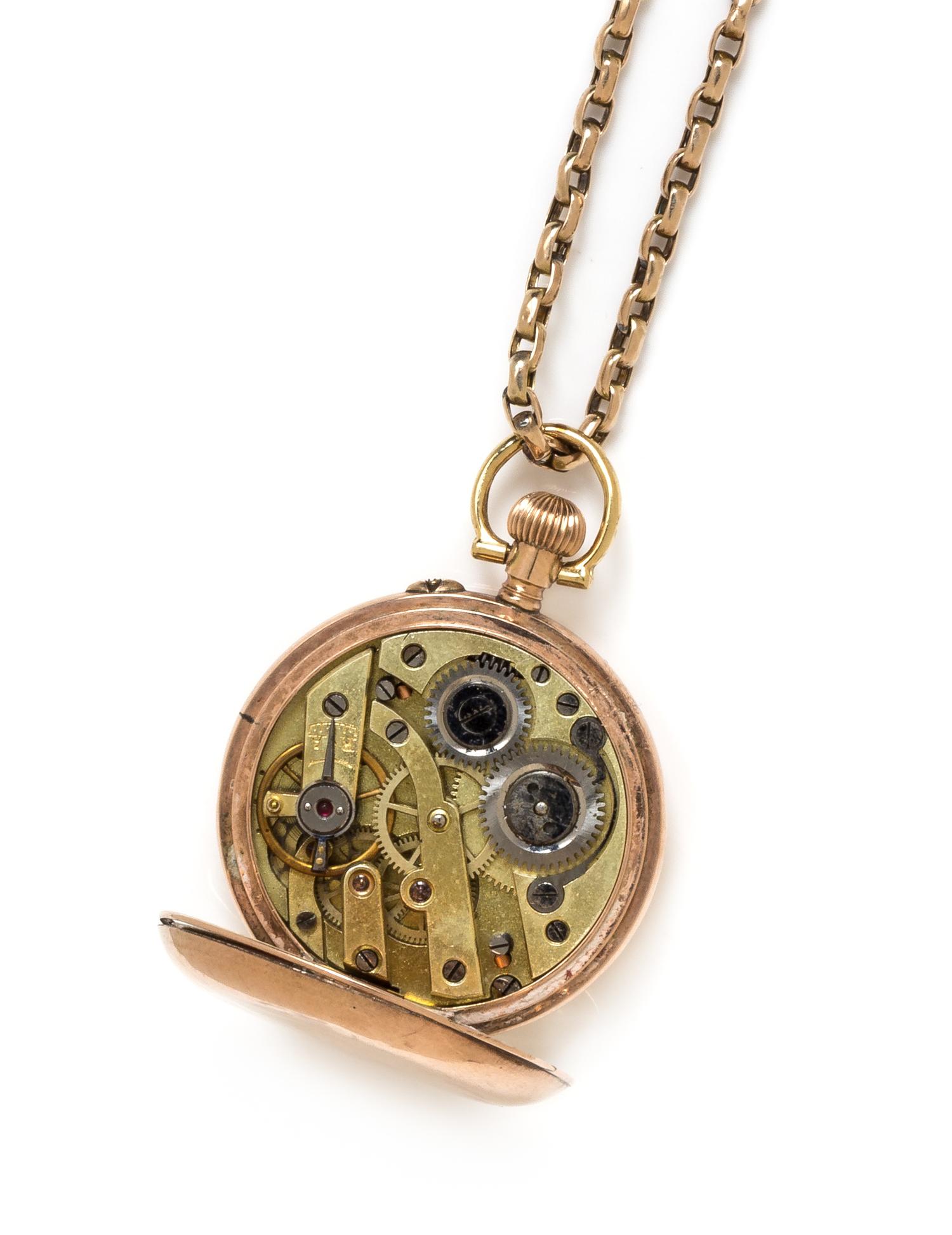 A Rose Gold, Diamond and Polychrome Enamel Hunter Case Pendant Watch and Chain, 20.70 dwts. (including chain)