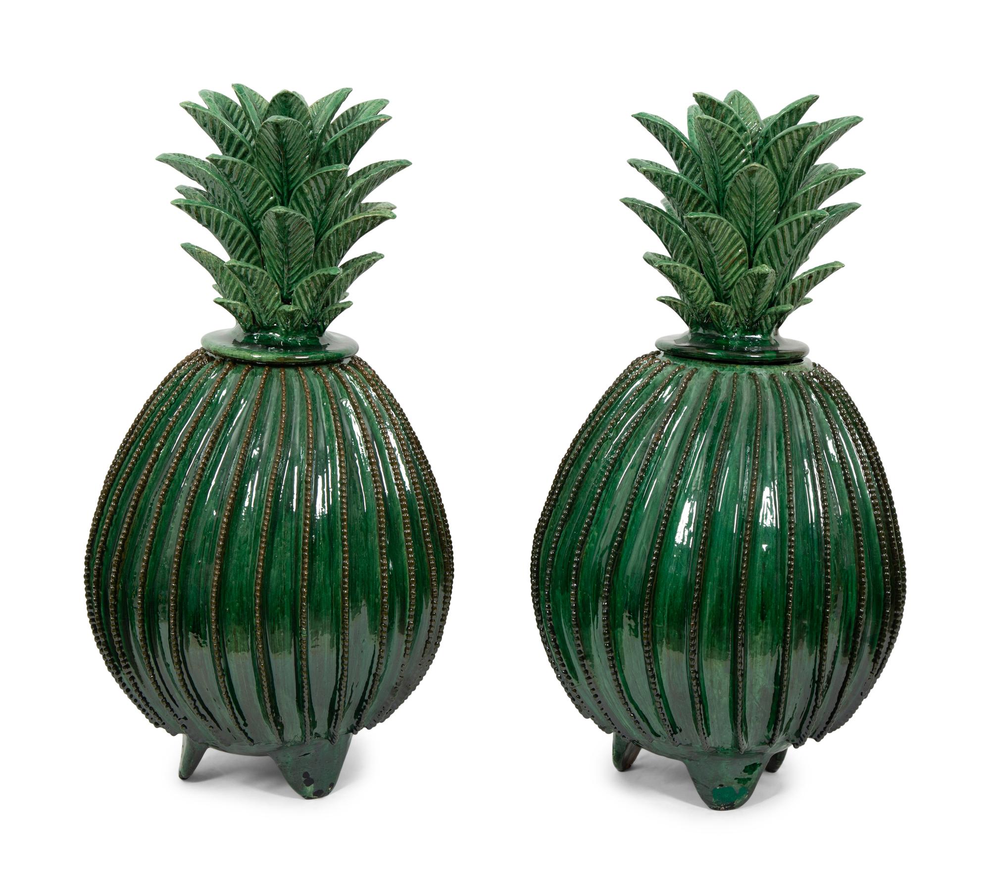 A Pair of Green Glazed Terracotta Pineapples
