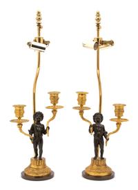 A Pair of French Parcel-Gilt and Patinated Bronze Two-Light Figural Candelabra Height of candelabra 11 inches. — 19TH CENTURY