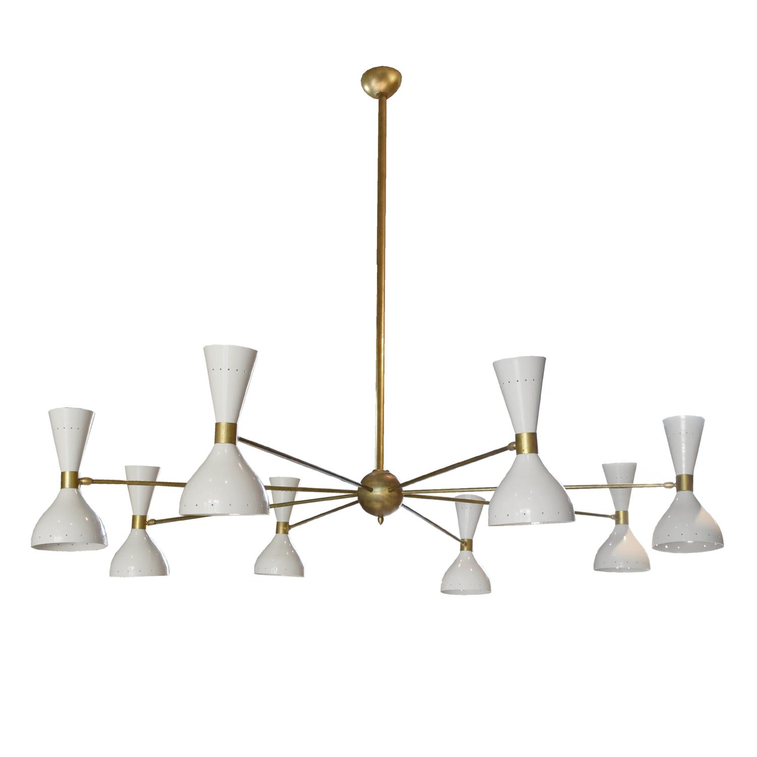 A Brass and Enamel Eight-Arm Chandelier in the Style of Stilnovo 59" W x 59" D x 50 " H — Italy, 20th Century
