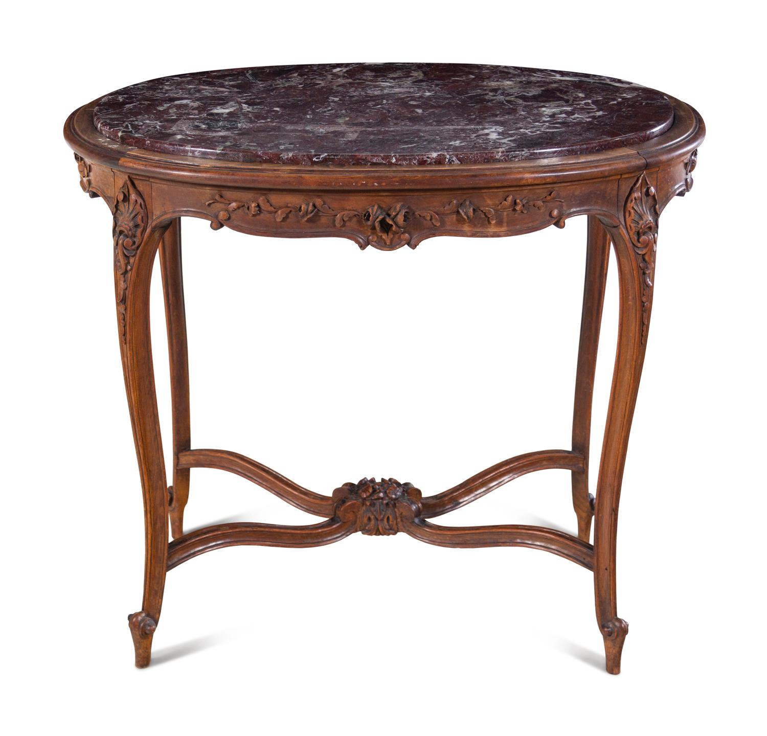 A Louis XV Style Walnut Marble-Top Center Table