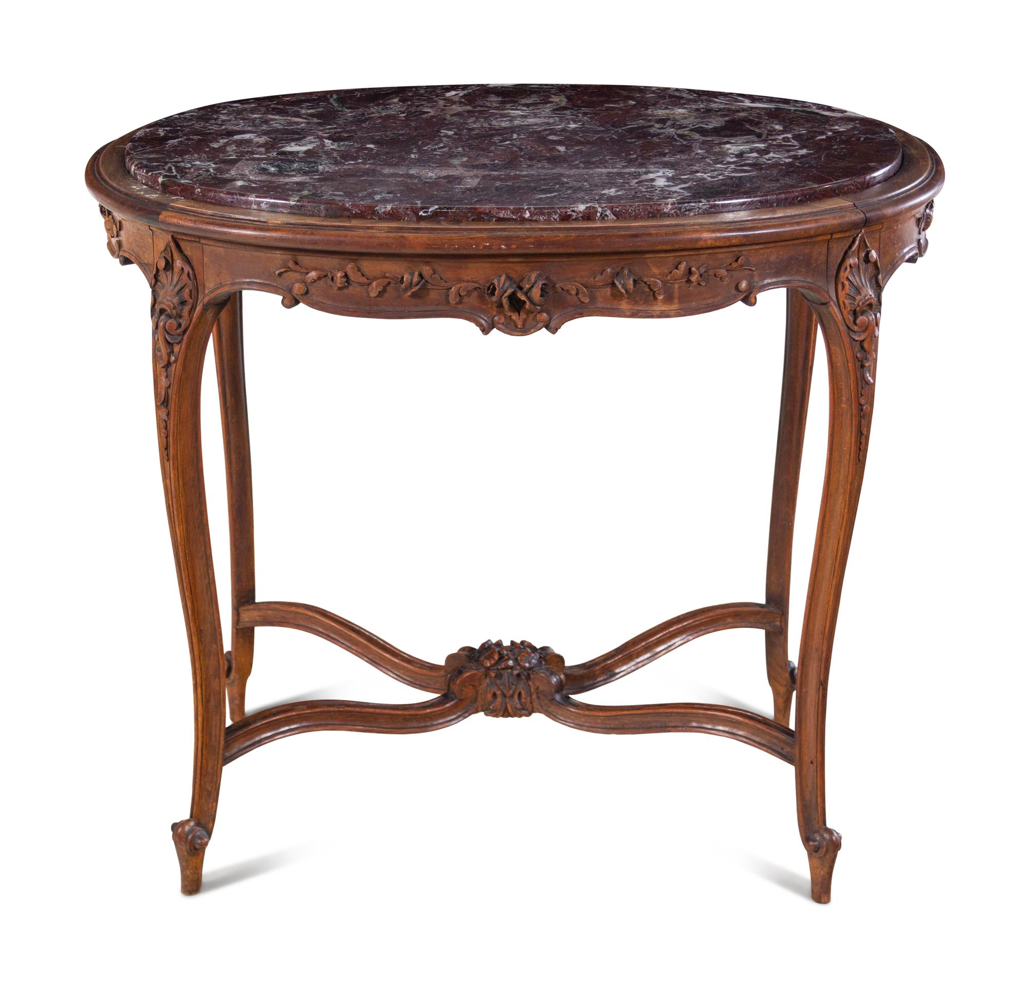A Louis XV Style Walnut Marble-Top Center Table