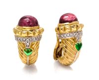 A Pair of 18 Karat Yellow Gold, Diamond, Pink Tourmaline and Glass Earclips, 19.70 dwts.