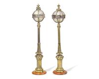 A pair of Belle Epoque gilt bronze and walnut table lamps in the form of miniature street lamps, late 19th century