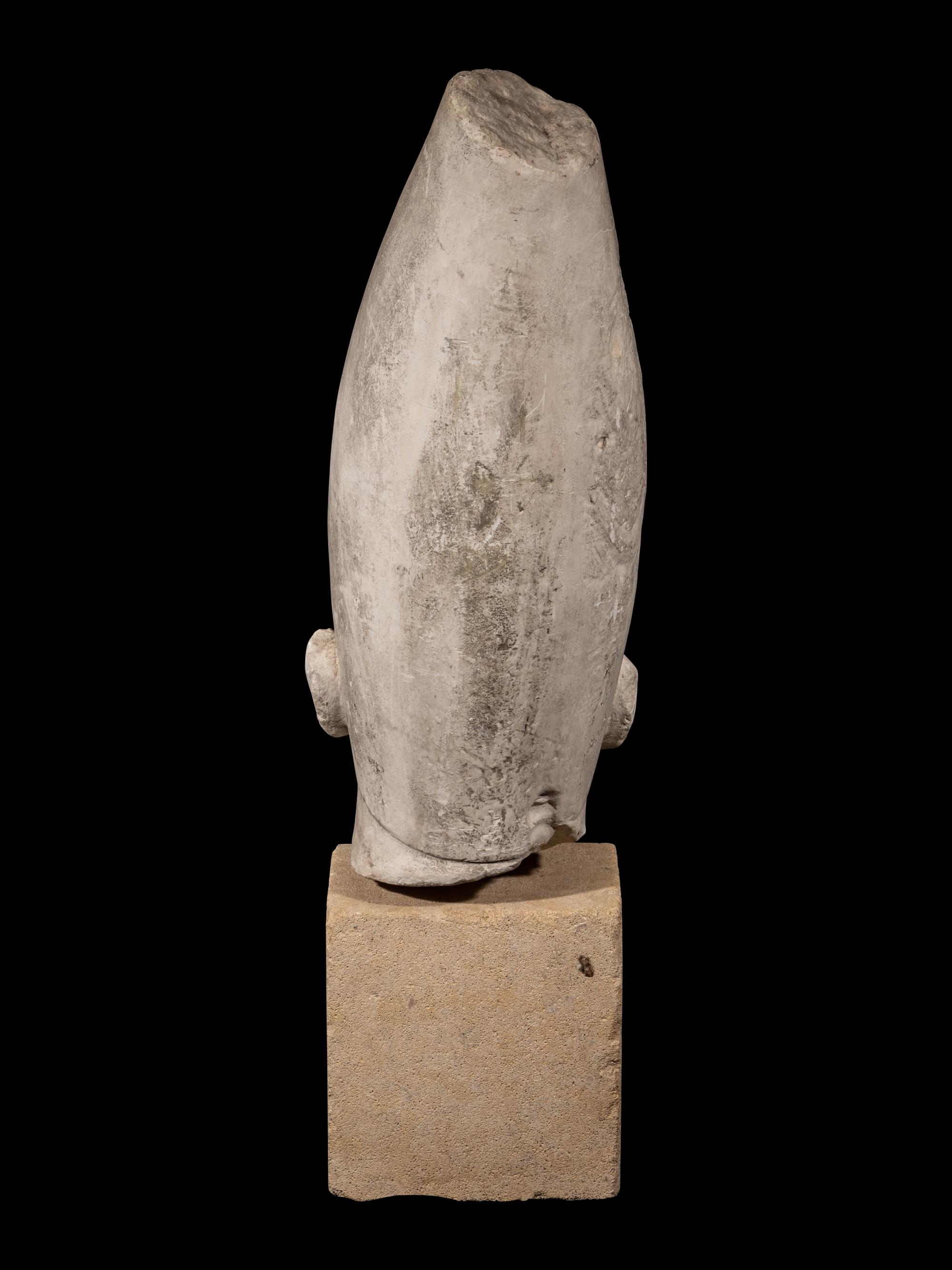 A Cast Stone Head of a Pharaoh Wearing a Hedjet Crown