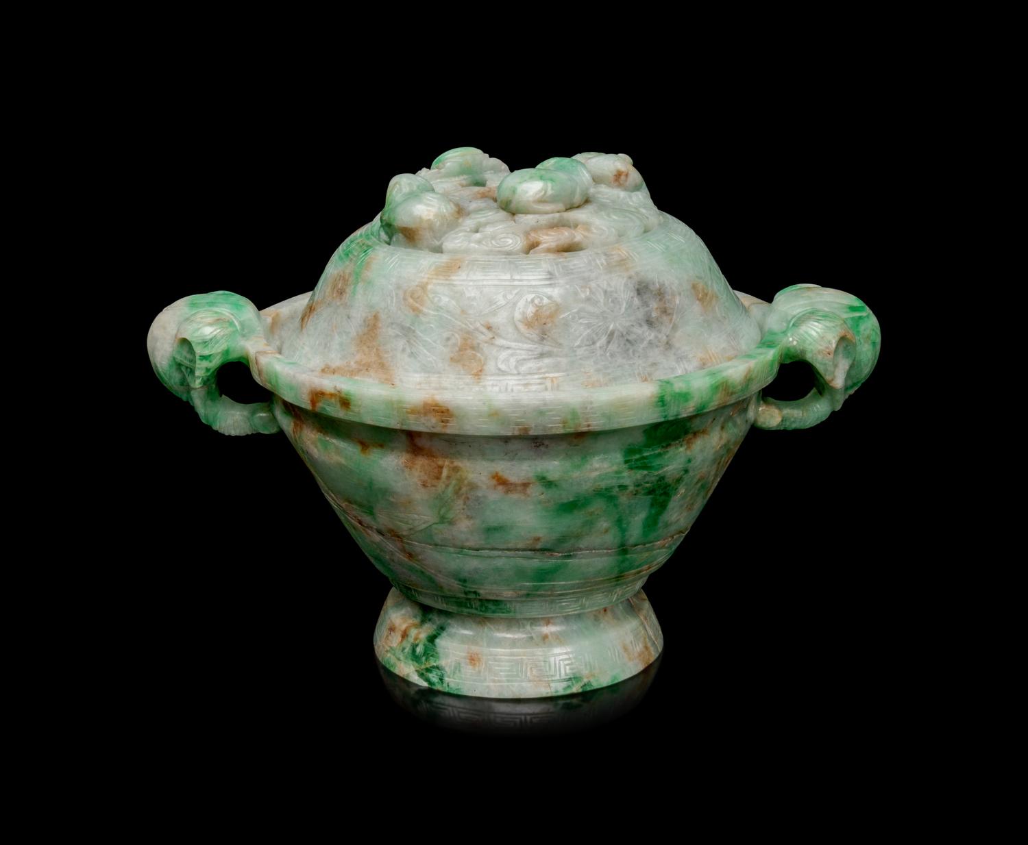 An Apple Green and Pale Celadon Jadeite Covered Bowl