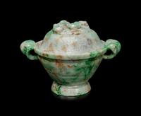 An Apple Green and Pale Celadon Jadeite Covered Bowl