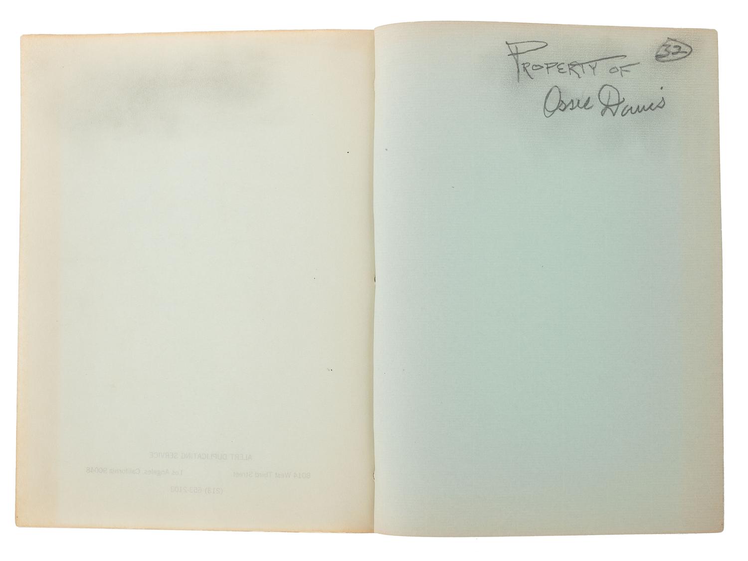 [FILM] -- [DAVIS, Ossie (1917-2005), his copy]. DAVIS, Ossie. Arnold Perl (1914-1971). Cotton Comes to Harlem Screenplay Revised. Los Angeles: Alert Duplicating Service, 1969.