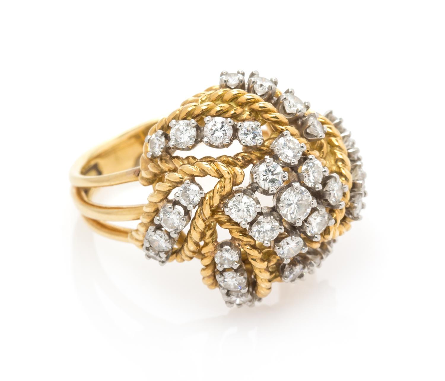 An 18 Karat Yellow Gold, Platinum, and Diamond Bombe Ring, 7.45 dwts.