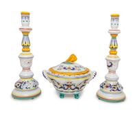 A Pair of Deruta Maiolica Candlesticks and a Tureen