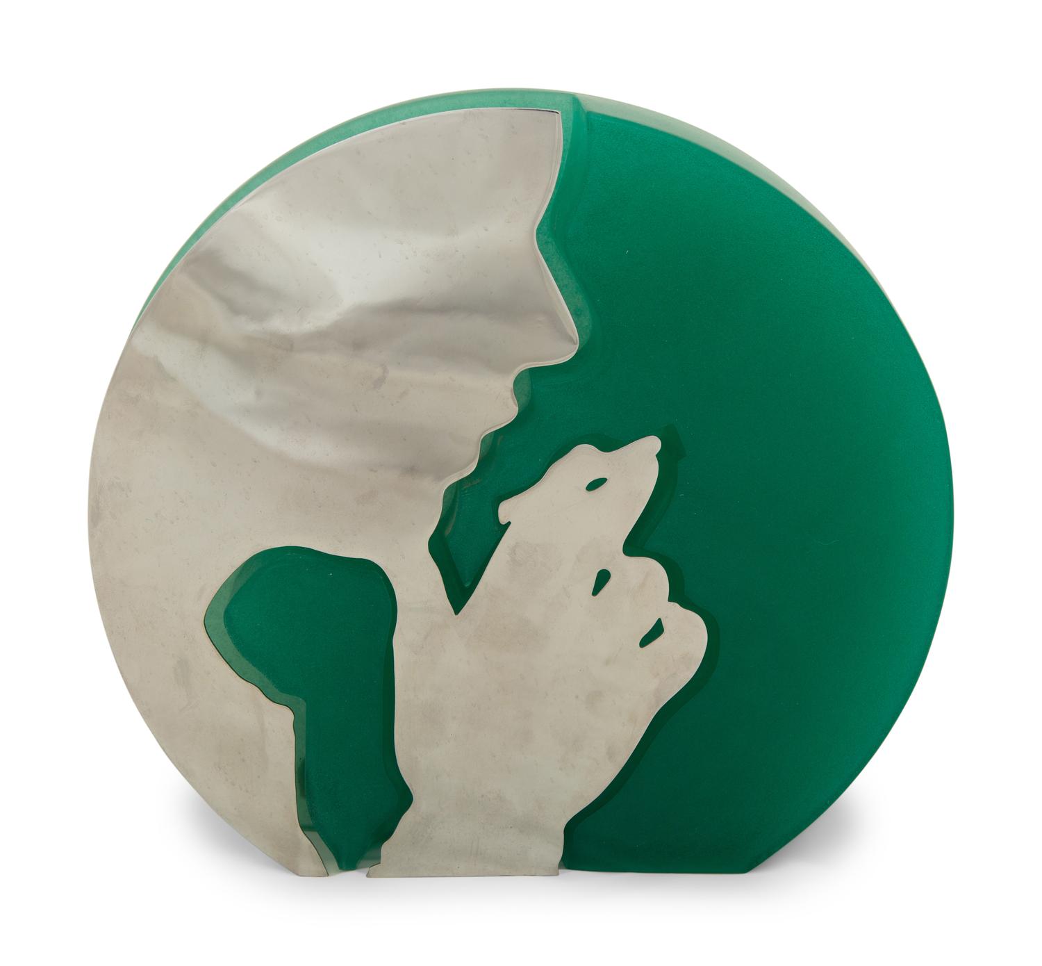 A Daum Pâte de Verre Bust of a Woman and a Daum Ombre Verte Pâte de Verre and Chrome Relief Sculpture