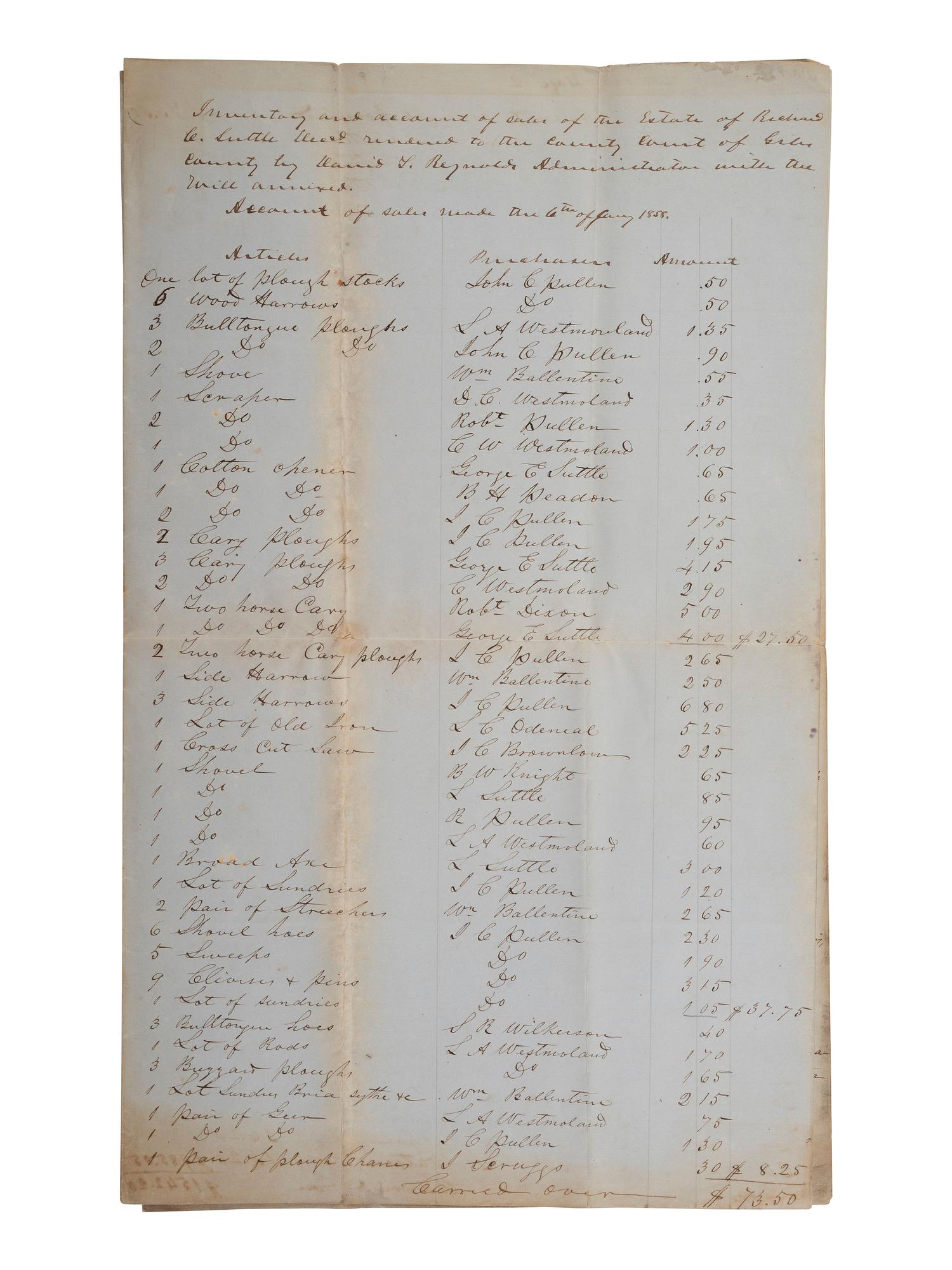 [ENSLAVEMENT & ABOLITION]. Manuscript inventory and account of the sales of the estate of Richard C. Suttle, referencing 41 enslaved persons. Pulaski, TN, 1858.
