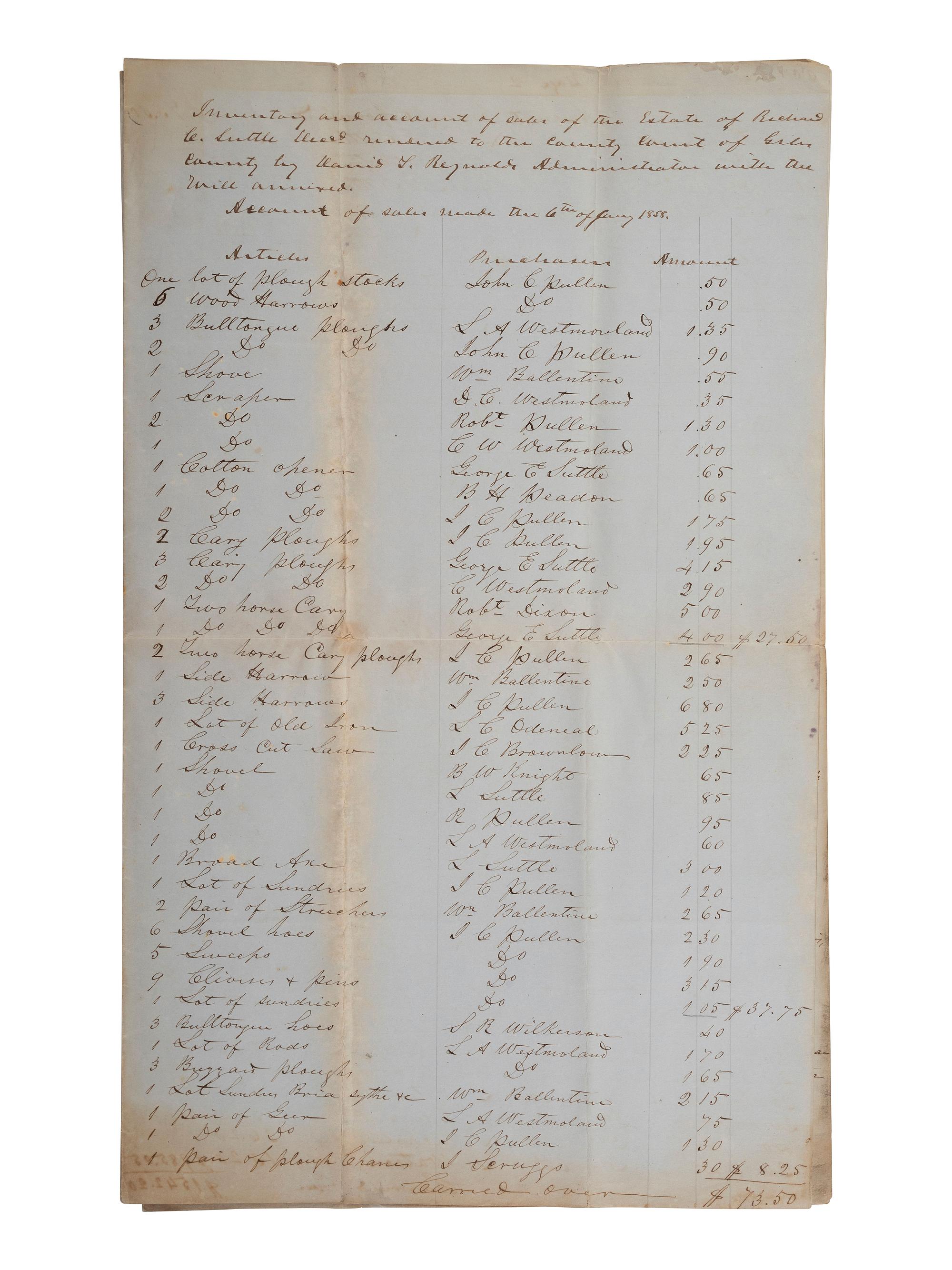 [ENSLAVEMENT & ABOLITION]. Manuscript inventory and account of the sales of the estate of Richard C. Suttle, referencing 41 enslaved persons. Pulaski, TN, 1858.