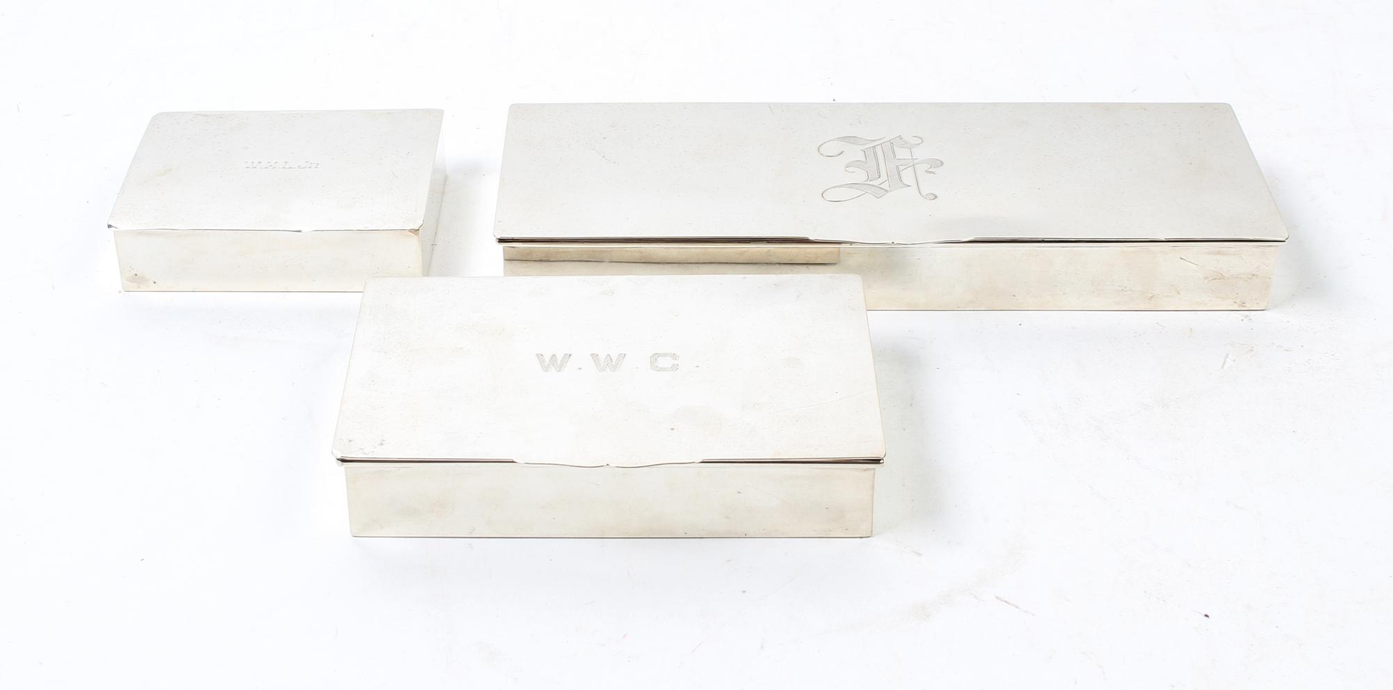 Three American Silver Cigarette Boxes Width of first 10 inches.