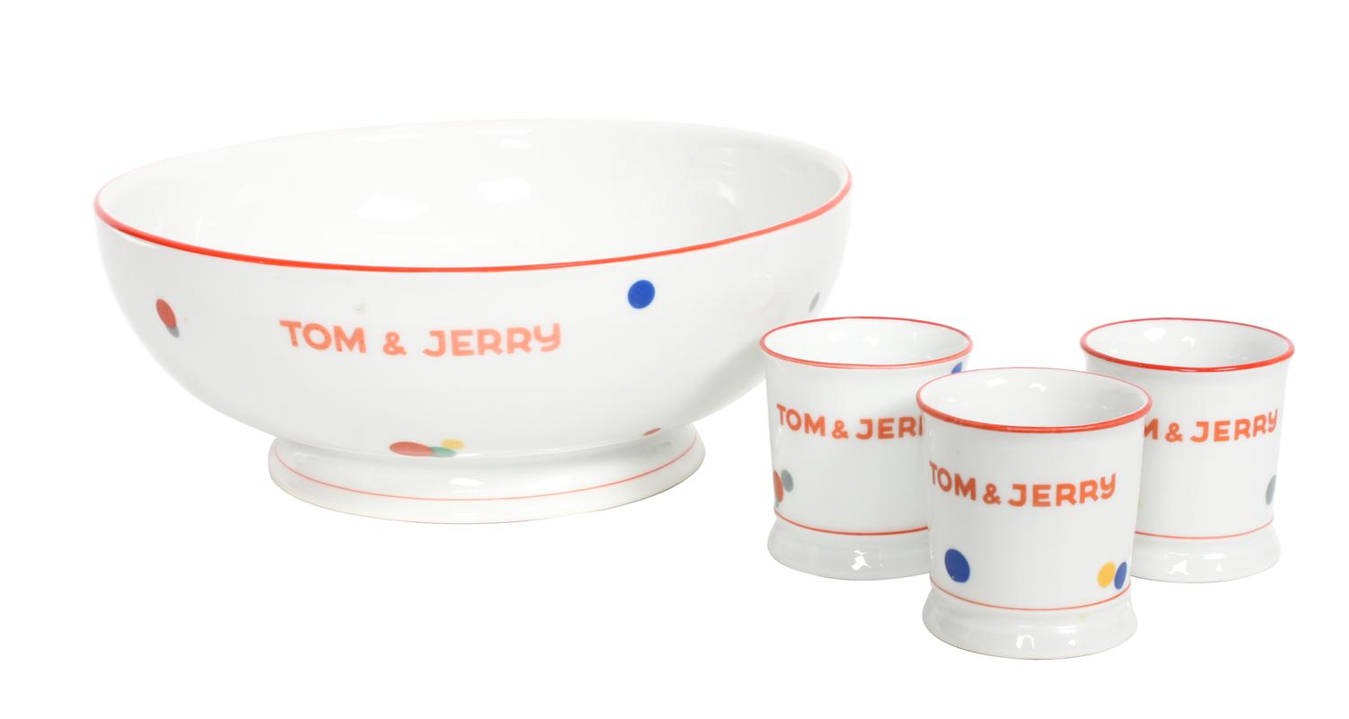 A Czechoslovakian Porcelain Tom and Jerry Punch Bowl Set Diameter of bowl 11 1/2 inches