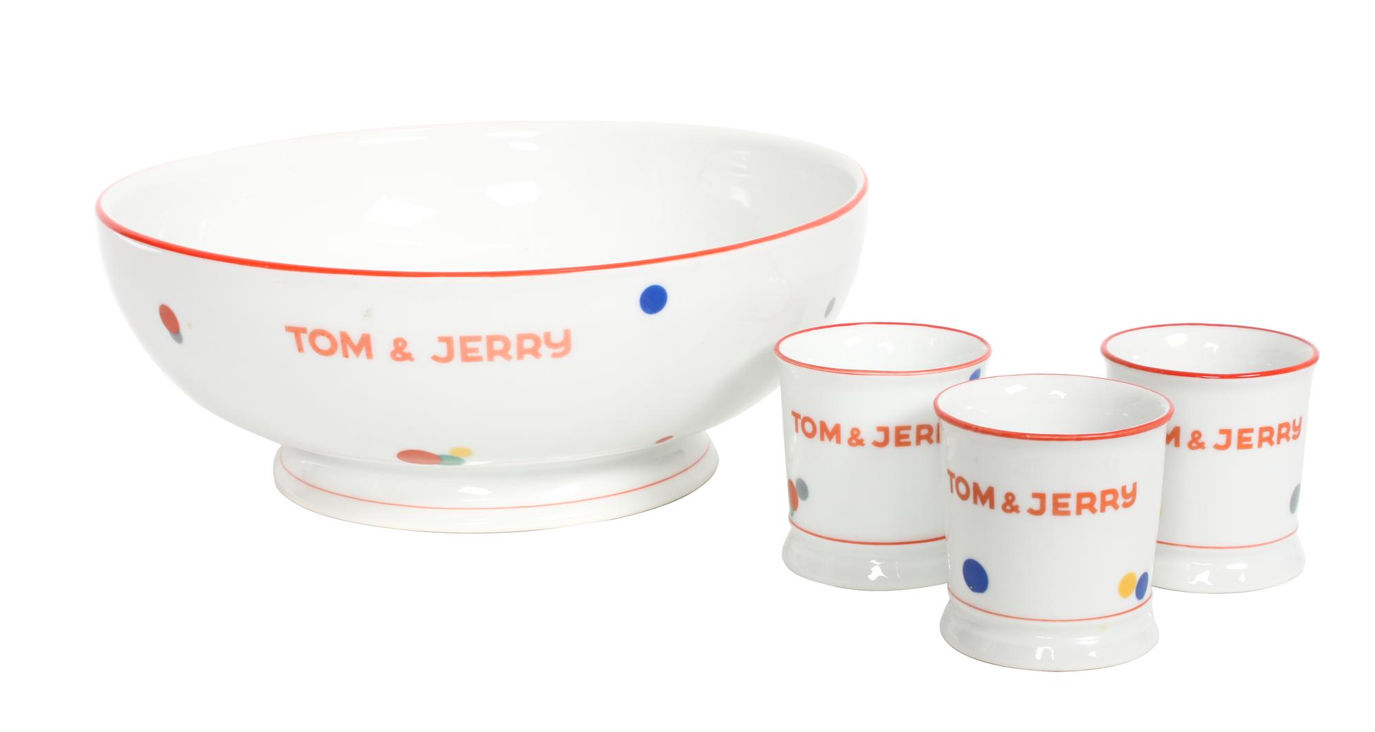 A Czechoslovakian Porcelain Tom and Jerry Punch Bowl Set Diameter of bowl 11 1/2 inches