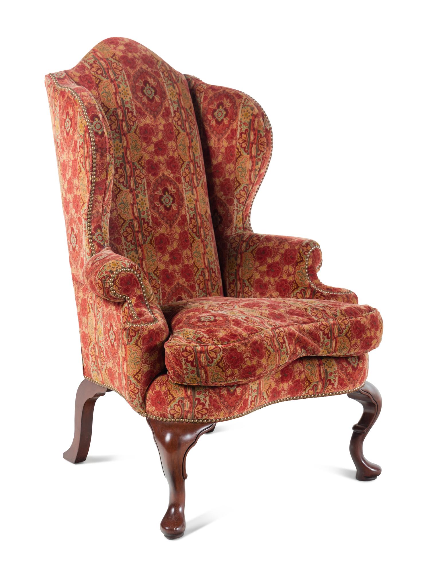 A Pair of Queen Anne Style Upholstered Library Chairs