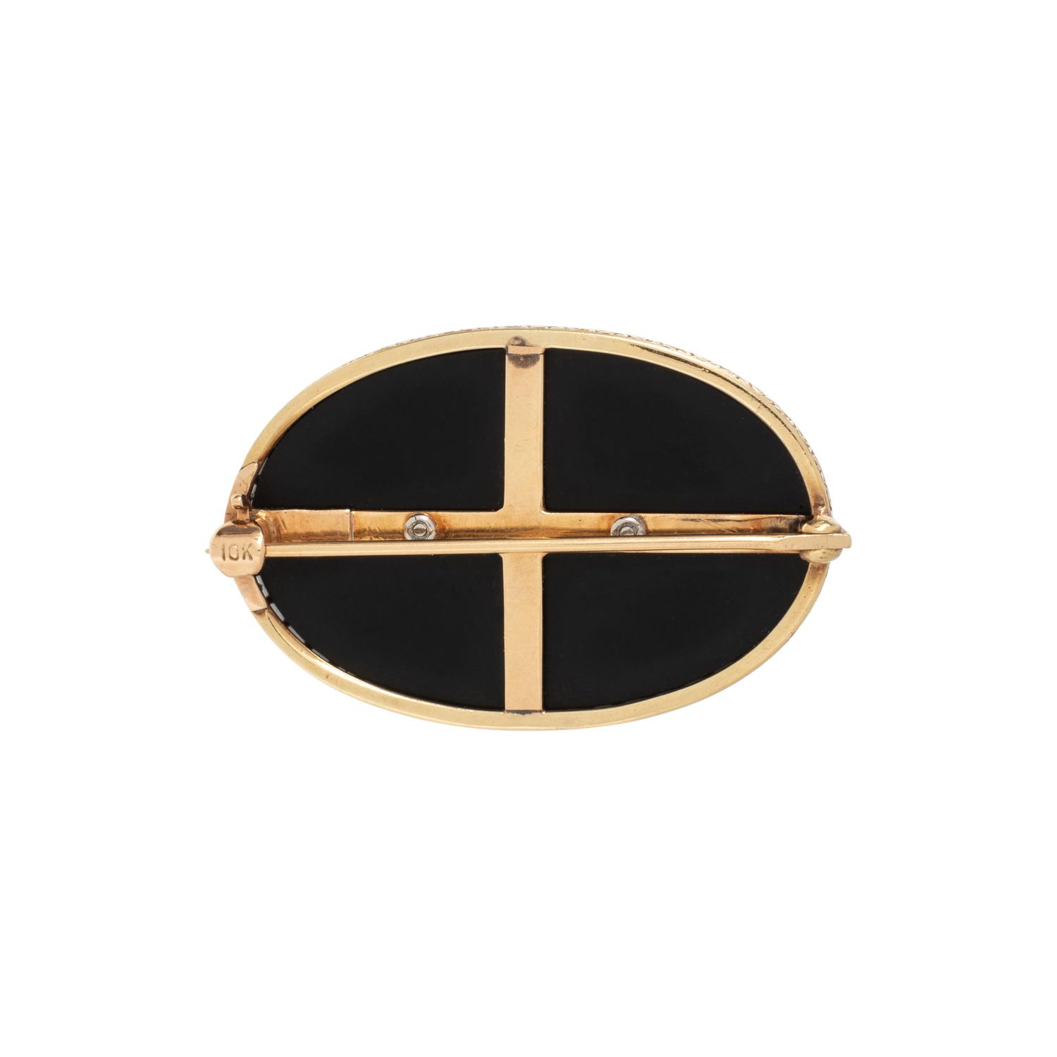 ONYX, DIAMOND AND CULTURED PEARL BROOCH