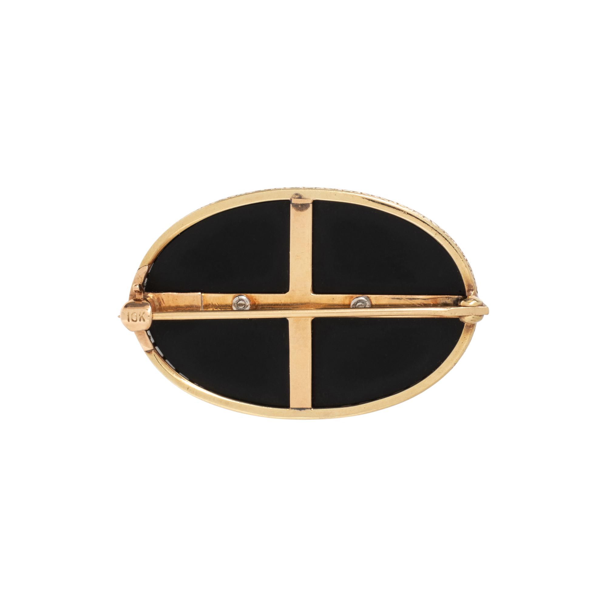 ONYX, DIAMOND AND CULTURED PEARL BROOCH