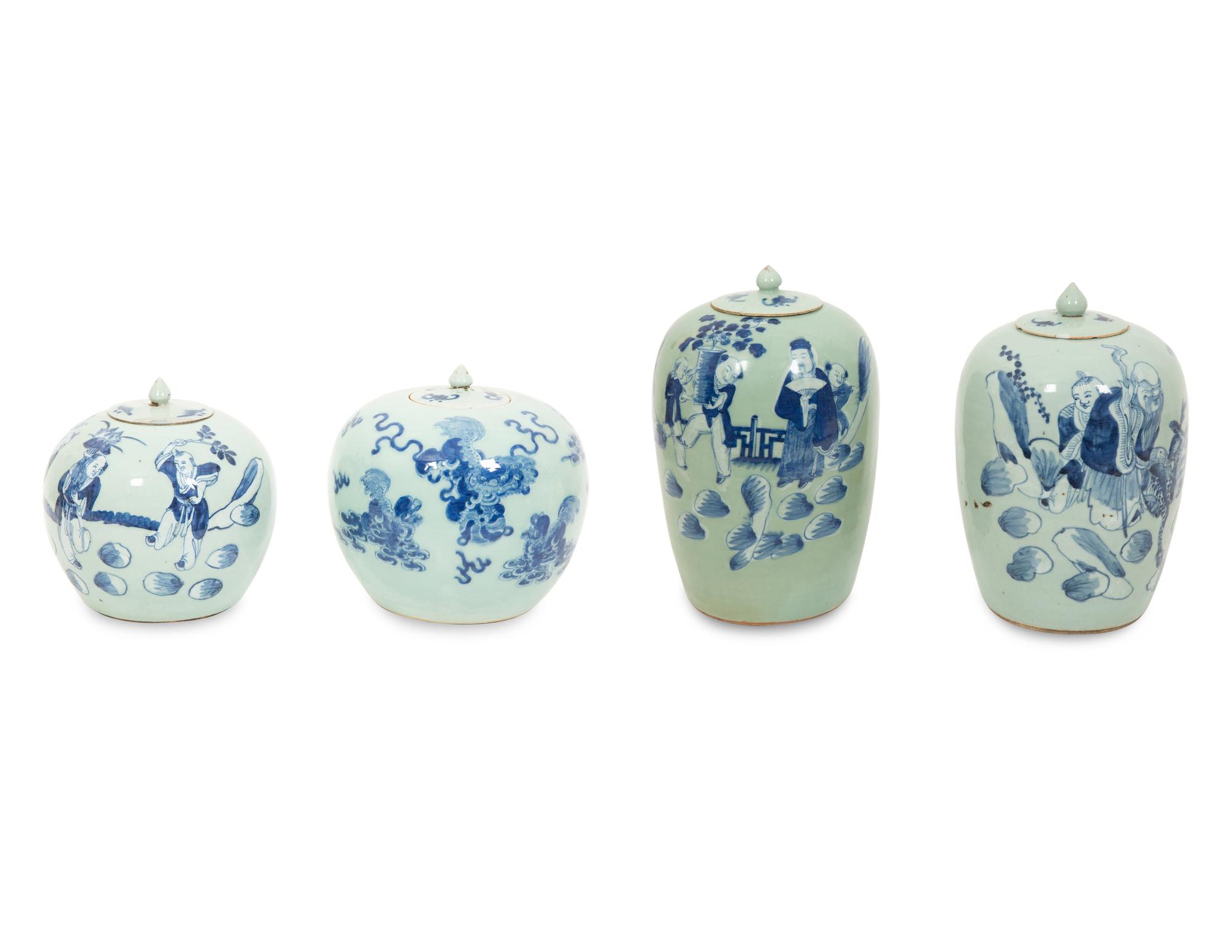Two Pairs of Chinese Blue on Celadon Porcelain Covered Jars