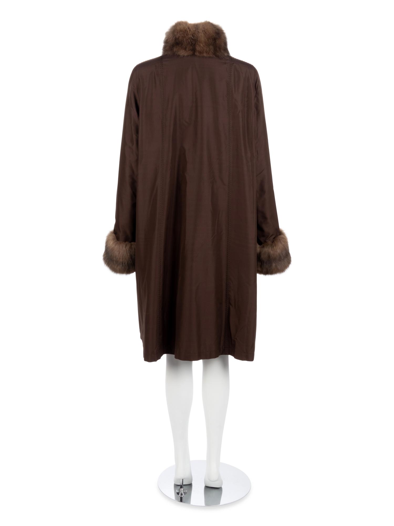 Dennis Basso Brown Reversible Silk with Weasel and Sable Coat, 2000-10s