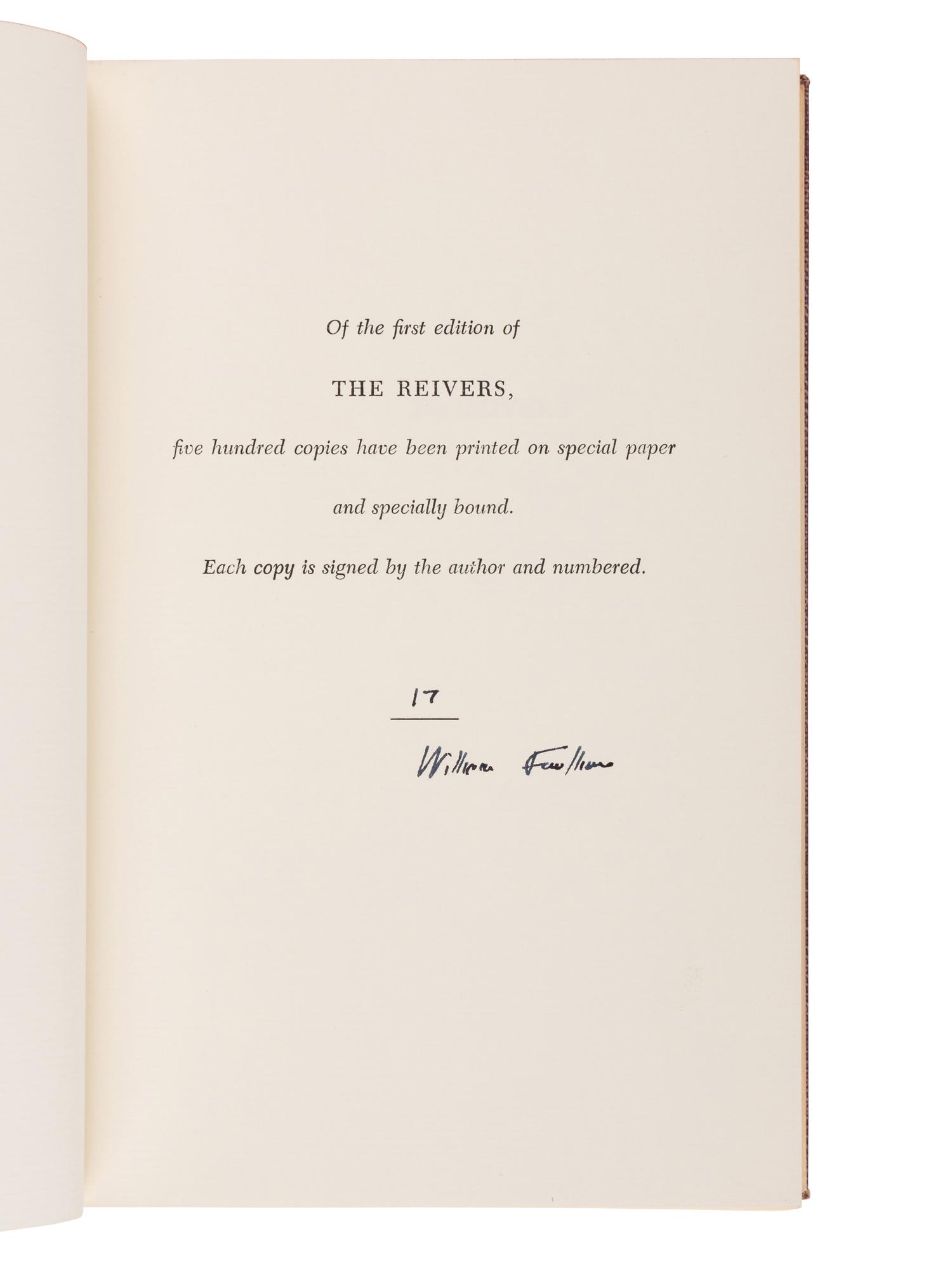 FAULKNER, William (1897-1962) . The Reivers: A Reminiscence . New York: Random House, 1962.