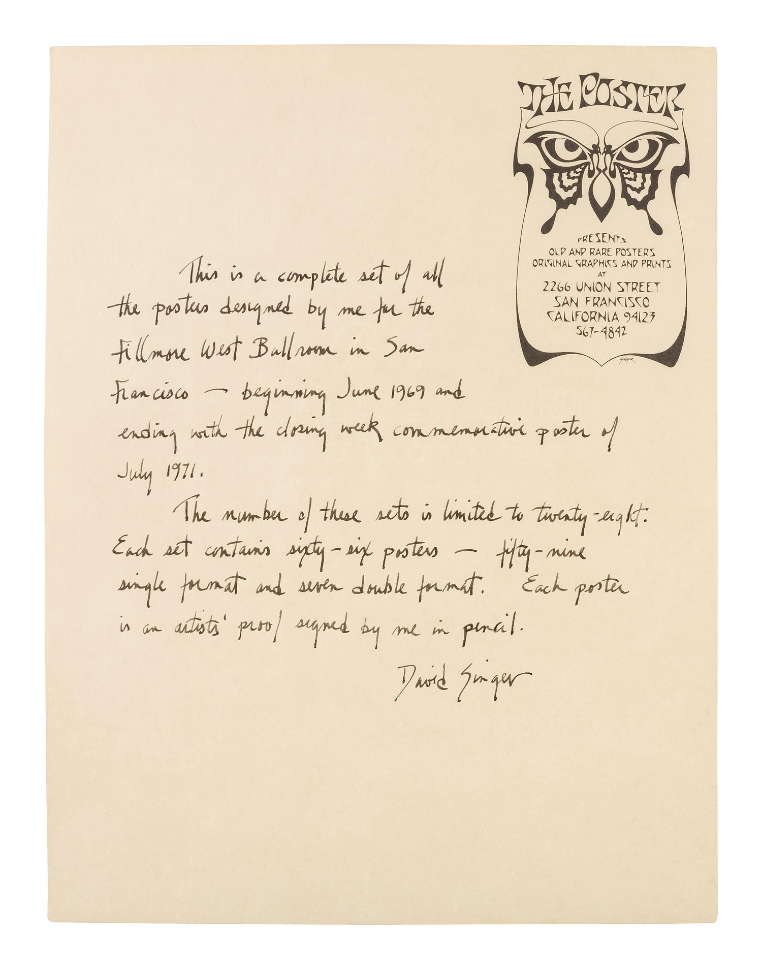 [MUSIC] -- [POSTERS]. SINGER, David, artist. Complete set of 66 SIGNED posters designed for the Fillmore West Ballroom, San Francisco, California. 1969-1971.