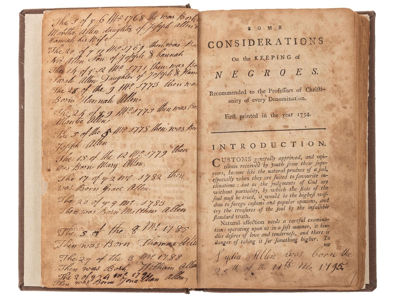 [SLAVERY & ABOLITION]. Quaker Allen family genealogy in Some Considerations in Keeping of Negroes.
