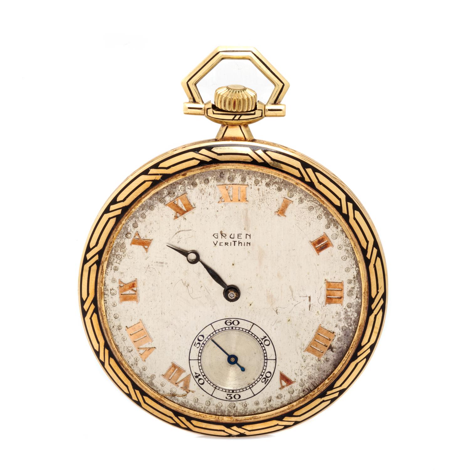 GRUEN, ART DECO, 14K YELLOW GOLD AND ENAMEL OPEN FACE POCKET WATCH