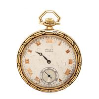 GRUEN, ART DECO, 14K YELLOW GOLD AND ENAMEL OPEN FACE POCKET WATCH
